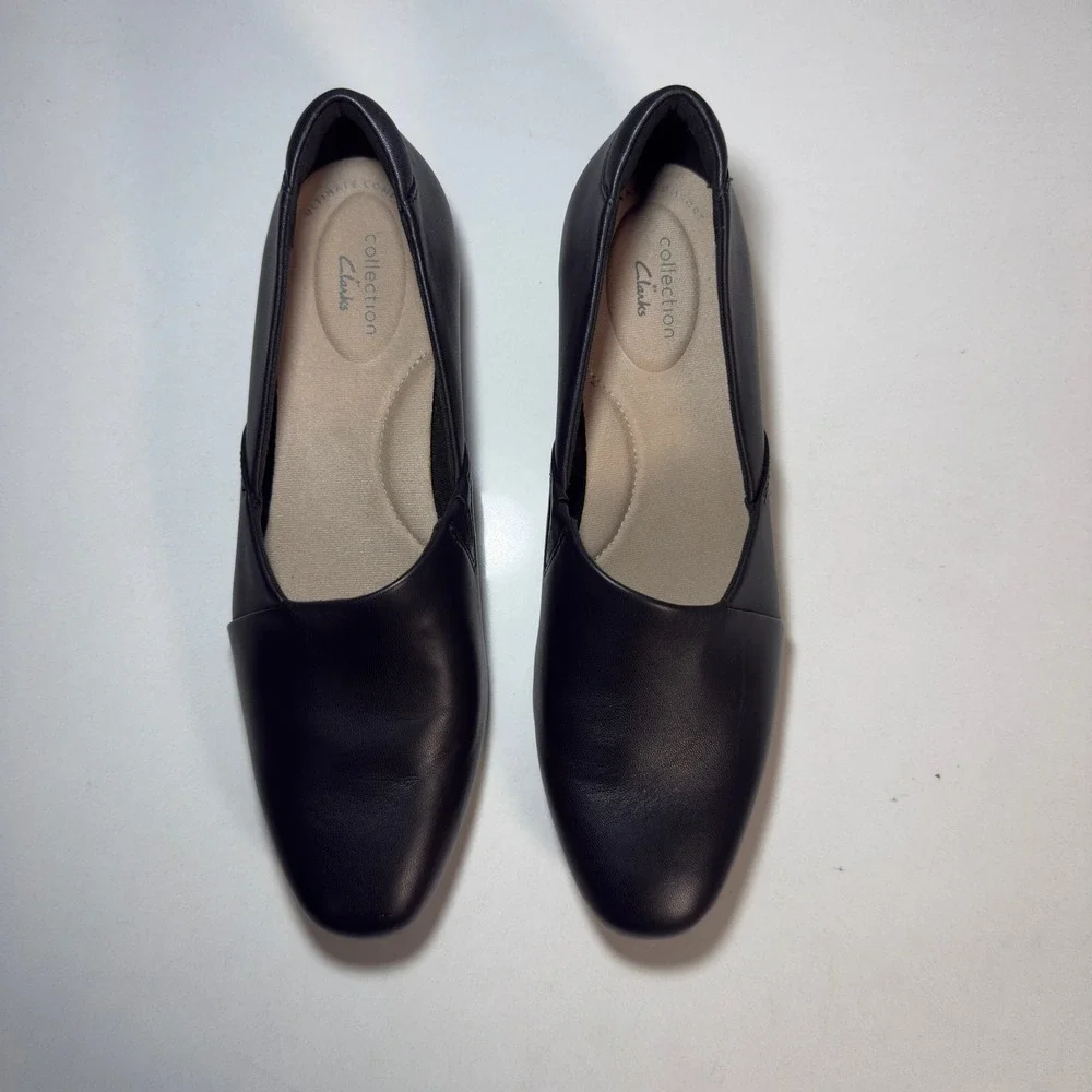 Clarks Collection Loafers Womens 6.5 Black Excellent Leather Slip On Block Heel